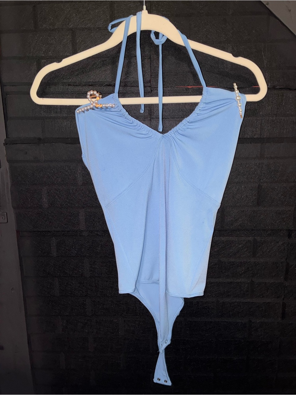 Light Blue Halter Bodysuit with Pearl Strap Detail